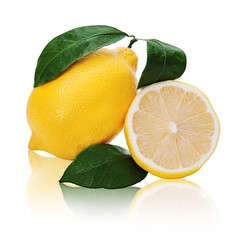 fresh lemon citrus with cut and green leaves isolated on white background