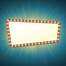 Blank 3d Retro Light Banner With Shining Bulbs. Red Sign With Yellow And Blue Lights And Blank Space For Text. Vintage Street Signboard. Advertising Frame With Glow. Colorful Vector Illustration.