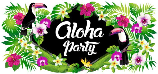 Wall Mural - Aloha party! Vector illustration of tropical birds, flowers, leaves.