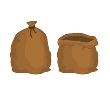 Big Knotted Sack Full And Empty. Brown Textile Bag Of Potatoes O