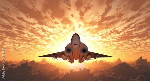 Cuadros en Lienzo Military Jet in Flight Sunrise or sunset