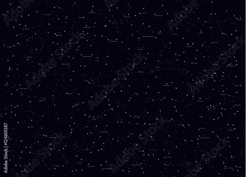 Zdjęcie XXL Duży zestaw wszystkich słynnych konstelacji, nowoczesne znaki astronomiczne zodiaku. Sky Map z nazwą gwiazd i konstelacji.