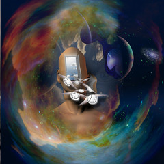 Canvas Print - man's head with open door to another world.flying time and deep space background some elements provi