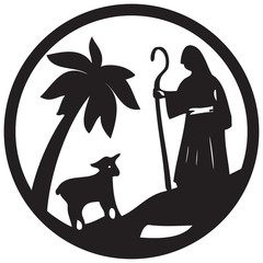 Shepherd and Sheep silhouette icon vector illustration black on white background. Scene of the Holy Bible 