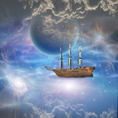 Poster - Sailing ship with full sails in fantastic scene  Some elements provided courtesy of NASA
