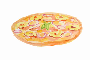 Wall Mural - Isolated watercolor pizza on white background. Tasty italian snack or street food. Italian cuisine.