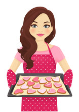 Cute Woman Holding Baking Tray With Heart Shape Cookies Decorated Valentines Day Isolated