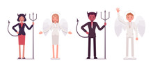 Set Of Male, Female Angel And Devil In A Formal Wear Standing In A Line. Cartoon Vector Flat-style Illustration