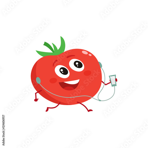 Ripe red running tomato with music player and earphones, cartoon vector