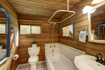 Wall Mural - Bathroom interior in a luxurious log cabin.