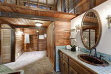 Bathroom Interior In A Luxurious Log Cabin.