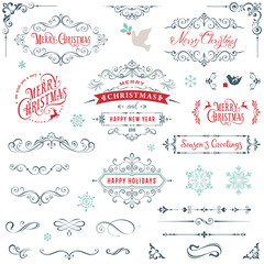 ornate christmas frames and swirl elements with merry christmas quotes, snowflakes, dove and bird.