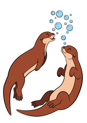 Wall Mural - Cartoon animals. Two little cute otters swim.