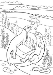 Wall Mural - Coloring pages. Two little cute otters swim.