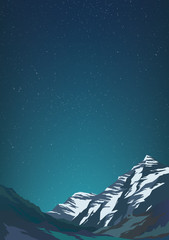 High mountains and calm clear sky with billion stars. Spectacular view. Blue glow Poster or banner. Modern realistic design. Vector illustration