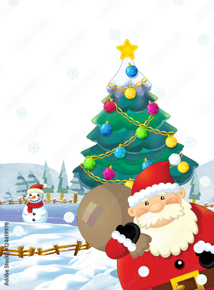 Happy cartoon christmas scene with happy kids and christmas tree illustration for children Stock Illustration Adobe Stock