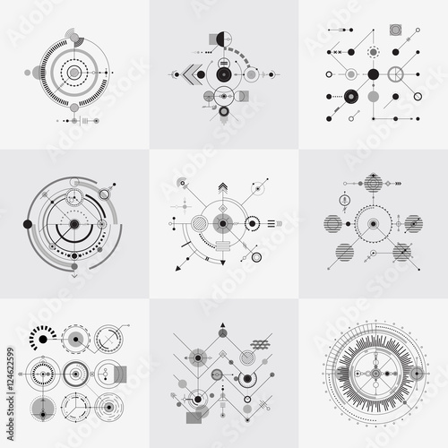 Fotografija  Scientific bauhaus technology circular grids vector set