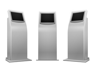 Poster - electronic advertising stand display interactive kiosk with touchscreen vector illustration