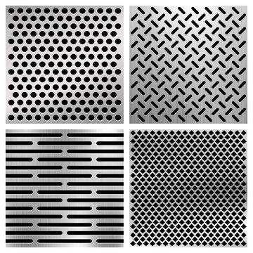 Industrial metal perforated vector textures, metallic grids set