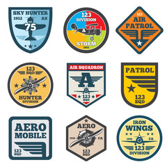 army jet, aviation, air force vector labels, patch badges, emblems and logos set
