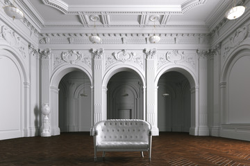 Luxury mansion villa interior with columns. White leather sofa.