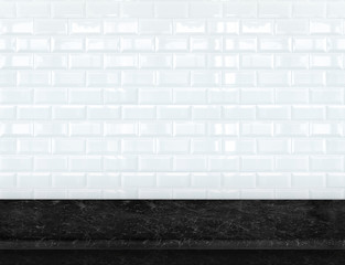 Poster - Empty black marble table top with glossy ceramic white tile wall