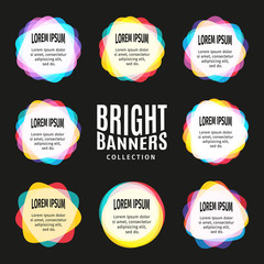 Aufkleber - Isolated abstract bright colorful round shape logo set on the black background. Advertising banners logotypes collection. Unusual informative stickers group. Web templates signs. Vector illustration.