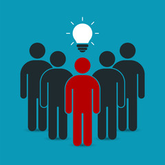 Leader with idea in front of his team. Teamwork business concept.  Vector illustration.