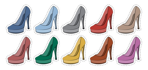 Vector set of stickers badges female shoes in different colors 80s-90s comic style