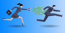 Debt Collector Business Concept. Confident Business Woman In Business Suit With Magnet In One Hand And Case In Other Chases Another Businessman And Pulls Money Out Of Him.