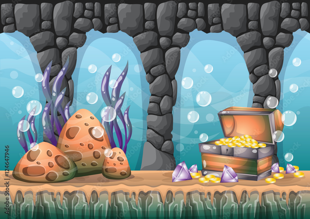 cartoon vector underwater treasure background with separated layers for ...