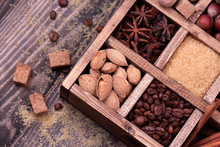 Coffee And Spices In A Wooden Printers Box.