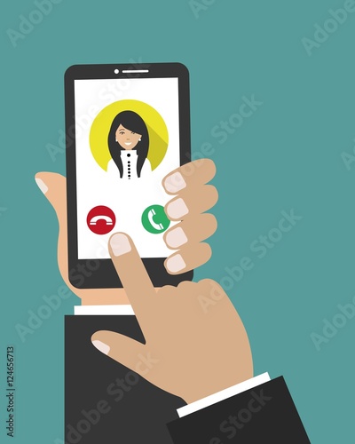 Hand holding phone icon. Vector illustration. There is woman's photo on