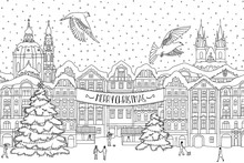 Hand Drawn Black And White Illustration Of A City In Winter At Christmas Time, Hand Drawn Outlines For Coloring, Black And White Ink Drawing, Christmas Card Template