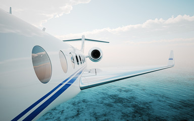 Closeup of realistic photo white, luxury generic design private jet flying over the ocean.Modern airplane and  clouds in a sky on background. Business travel concept. Horizontal. 3d rendering.