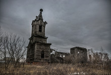 An Old Abandoned Decayed Wooden Church Of The Intercession Of The Holy Virgin In The Village Aldia, Tambov Region, Russia
