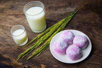 Japanese sweet black sesame daifuku with rice milk and ear of ri