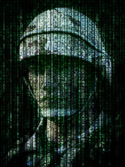 Cyber warfare concept. Military soldier embedded into computer internet symbol binary code. 3d rendering 