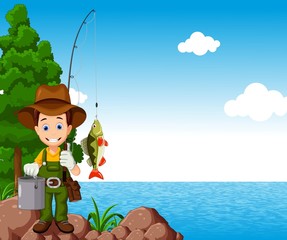 fisherman cartoon with river background