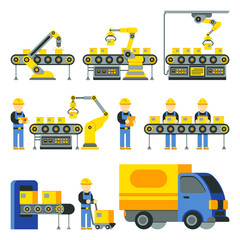 Poster - Manufacturing process with production factory line vector flat icons