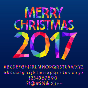 Vector patched Merry Christmas 2017 greeting card with set of letters, symbols and numbers