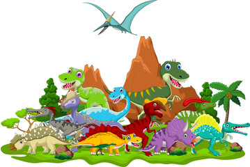 Wall Mural - Dinosaur cartoon with landscape background