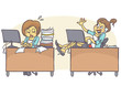 Female coworkers in office, one is working hard and has lot of work, other is lazy, talking on the phone and painting her nails. Vector cartoon of bad coworker situation at job. Bad behavior at work.