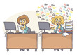Female coworkers at the office, one is working hard while other one is babbling, does not care for work that is piling. Bad behavior at work. Vector cartoon of coworker problems.