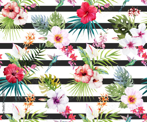 Fototapeta na wymiar Watercolor tropical floral pattern