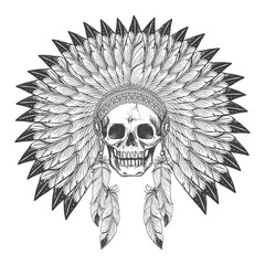Wall Mural - Native american indian apache skull with indian feather headdress vector illustration