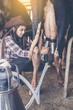 Woman Milking Cows On Dairy Farm. Farm worker milking cows at or