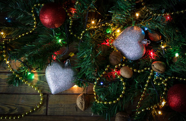 New Years toys on a wooden background, Christmas ornaments, Chri