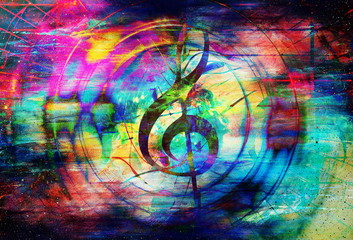 Poster - beautiful abstract colorful collage with music notes and the violin clef in space.