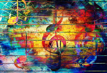 Aufkleber - beautiful abstract colorful collage with music notes and the violin clef.